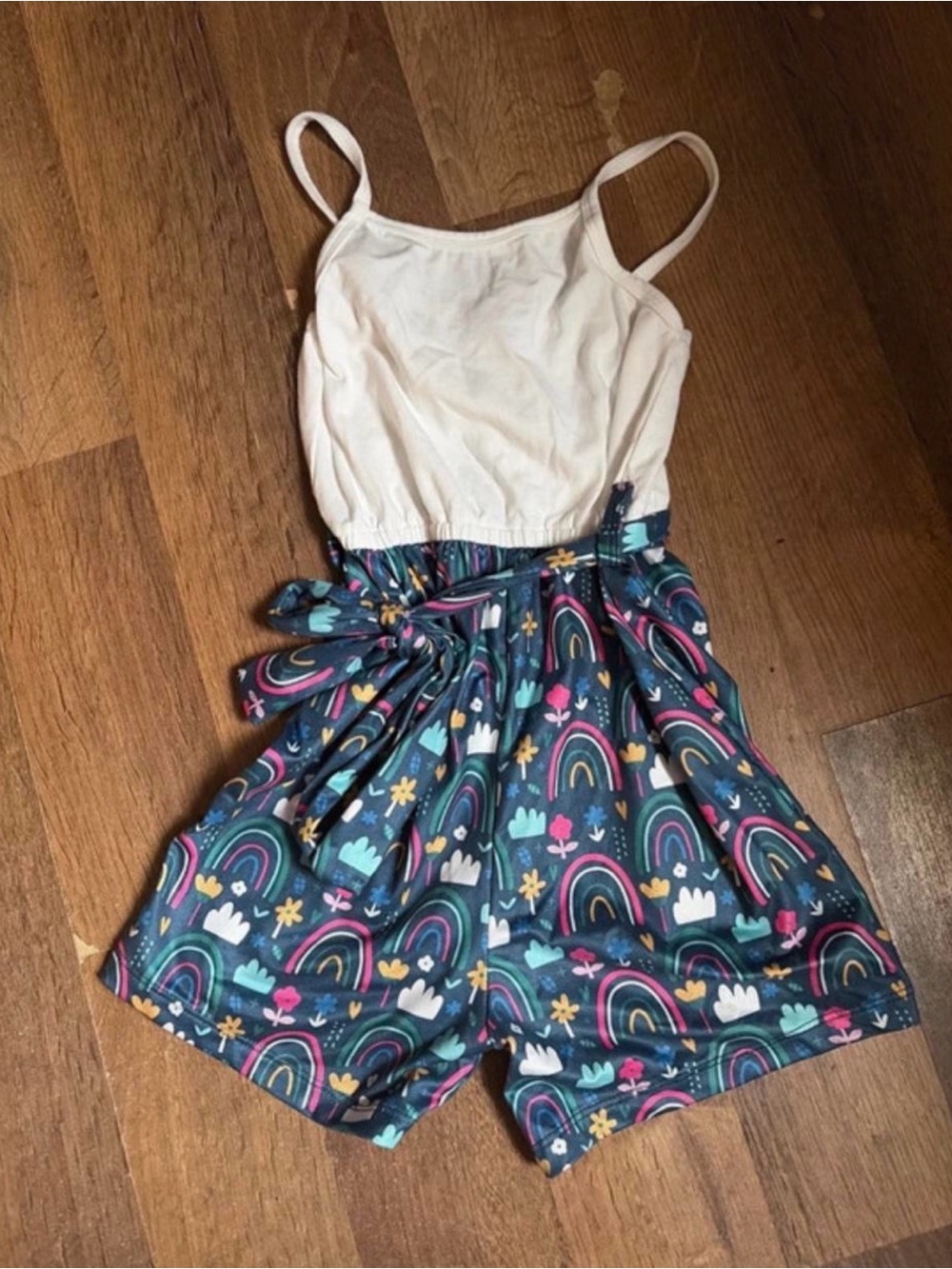 5t Baileys Blossoms Girls White & Navy Rainbow Print One-Piece Romper